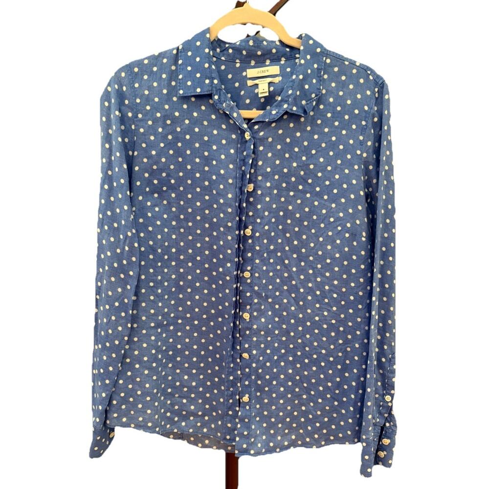 J Crew Linen Women’s Blue And White Polka Dot Button Down Shirt - Picture 1 of 4